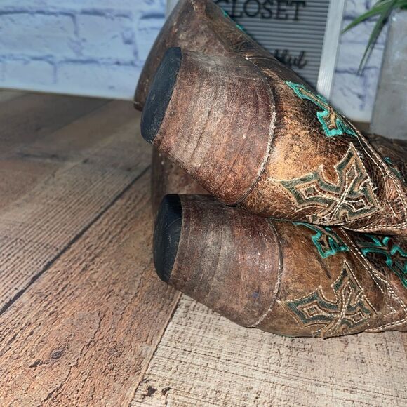 Corral Womens Whiskey Turquoise Blue Cross Brown Embroidered Western Boots - Picture 7 of 16